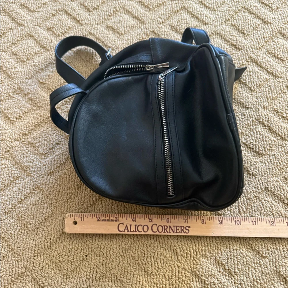 Mini Black Backpack, Faux Leather with Silver Hardware